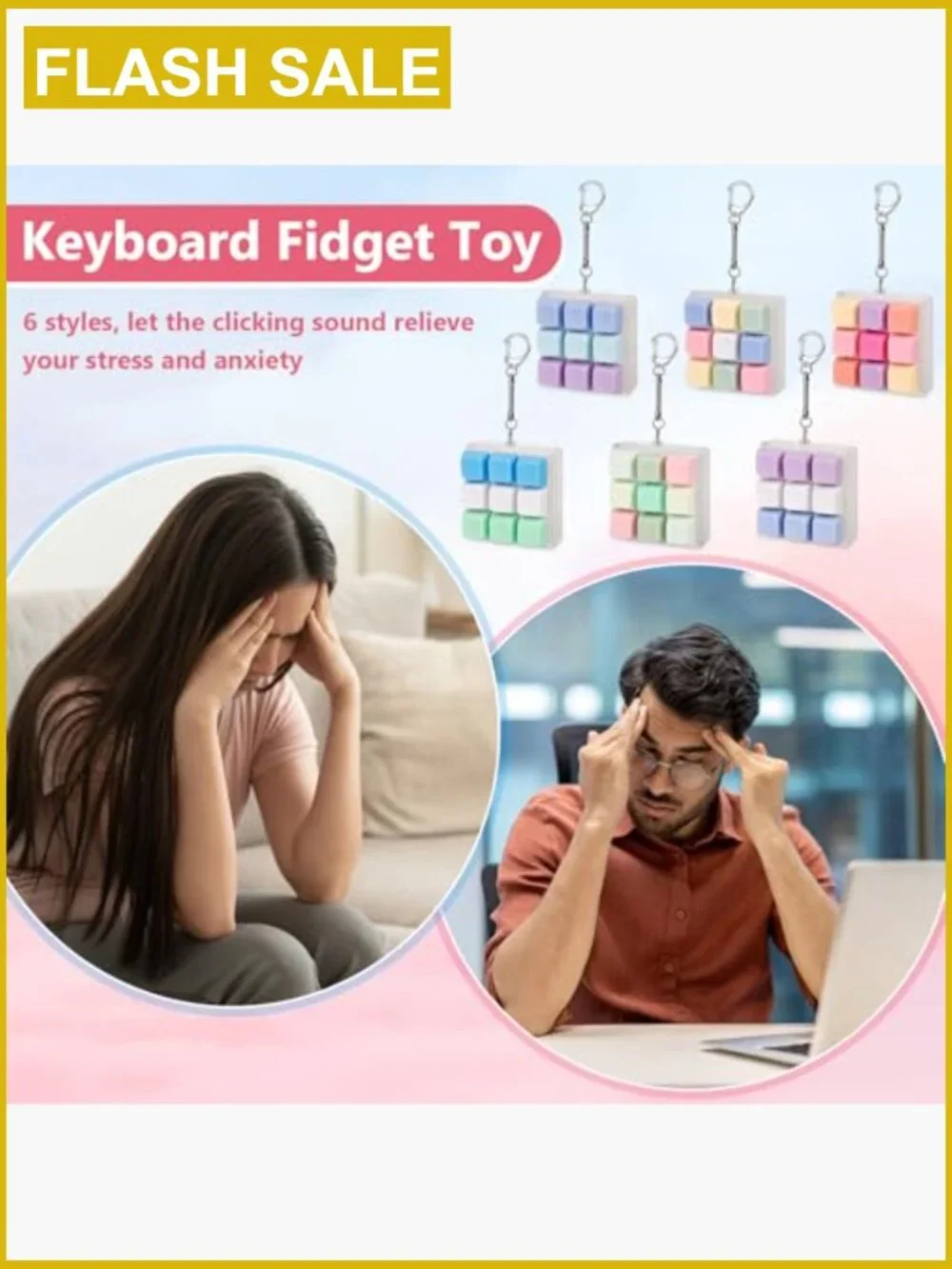 Keyboard Clicker Fidget Toy for Anxiety, 2 Pack Keychain Stress Relief ASMR